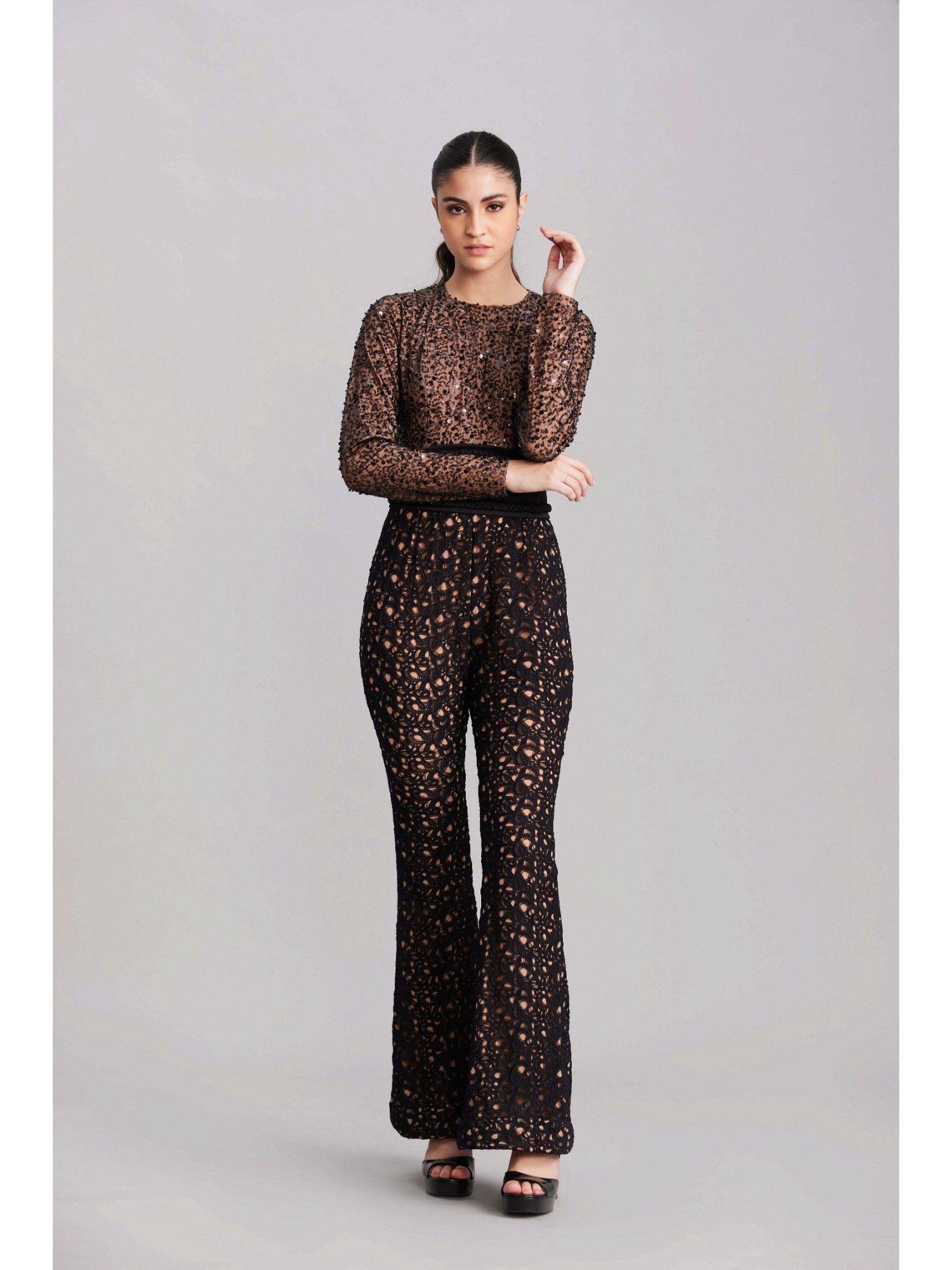 black embroidered lace sequin jumpsuit