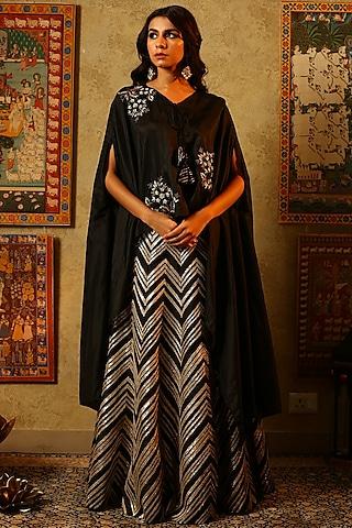 black embroidered lehenga skirt with asymmetrical cape