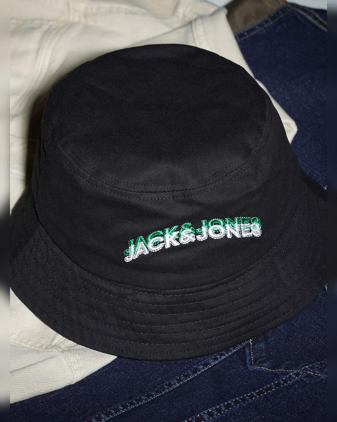 black embroidered logo bucket hat