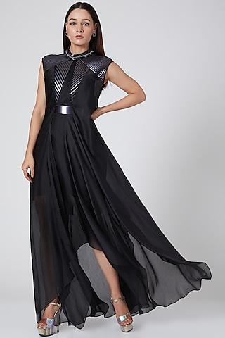 black embroidered metallic dress