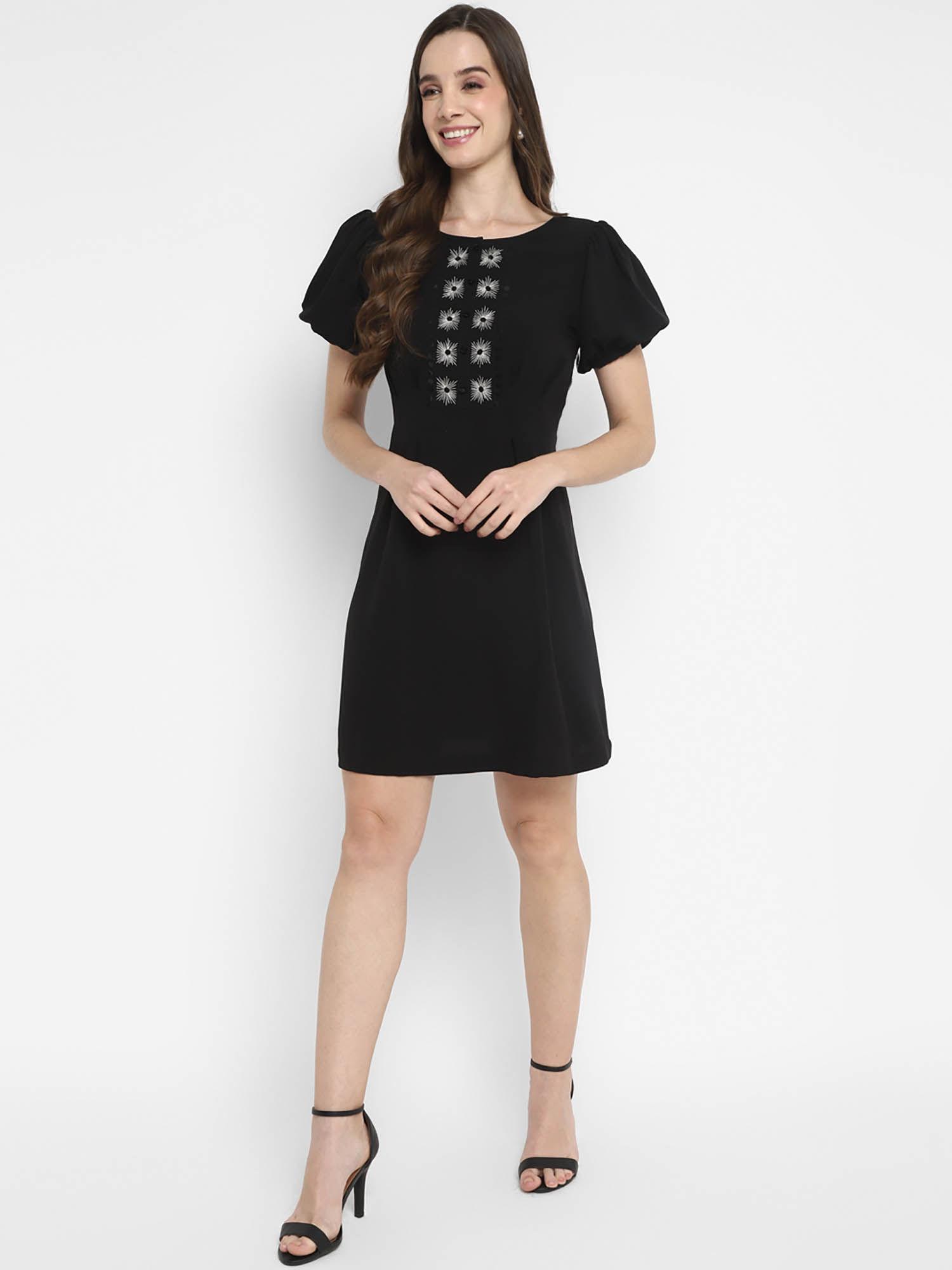 black embroidered moss crepe dress