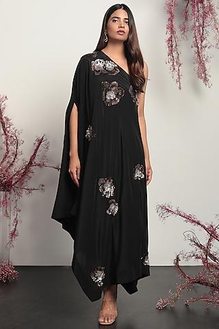 black embroidered one-shoulder dress