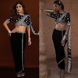 black embroidered pre-stitched saree set