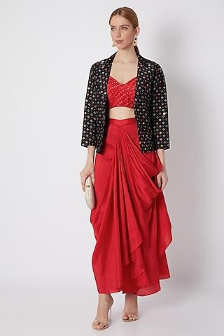 black embroidered printed jacket with blouse & draped skirt