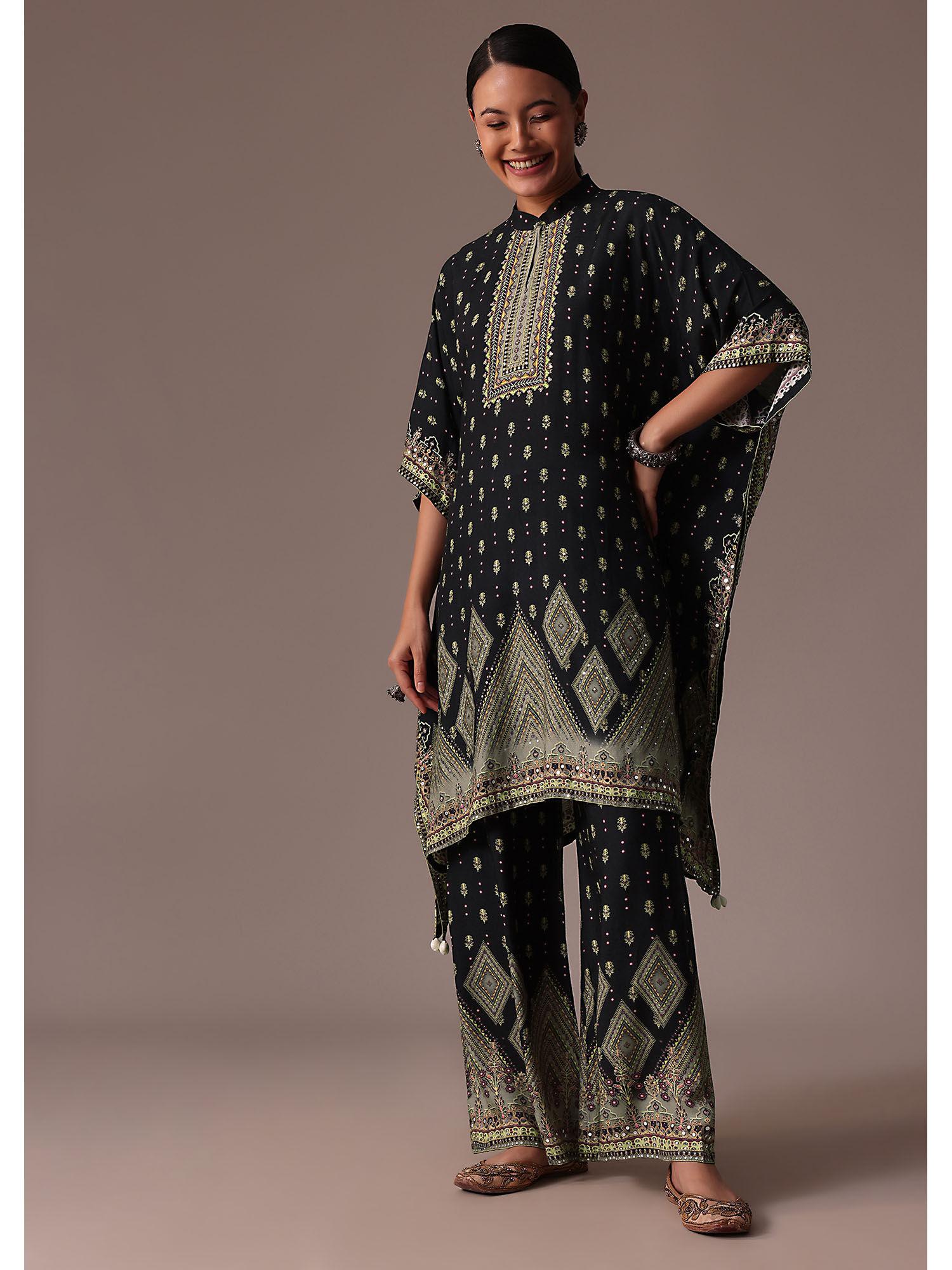 black embroidered printed silk kaftan co ord (set of 2)