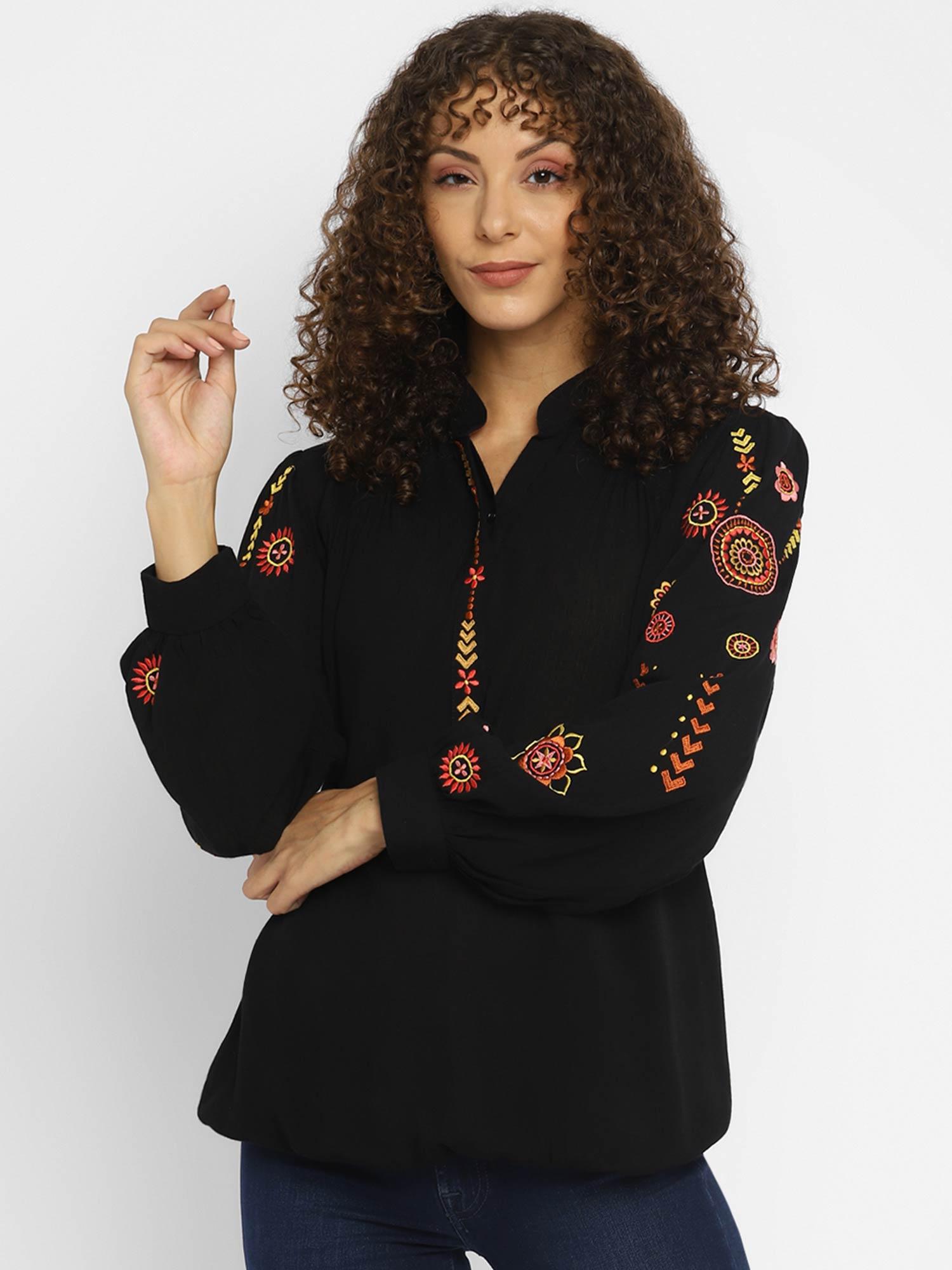 black embroidered rayon crepe top