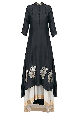 black embroidered roses double layered kurta