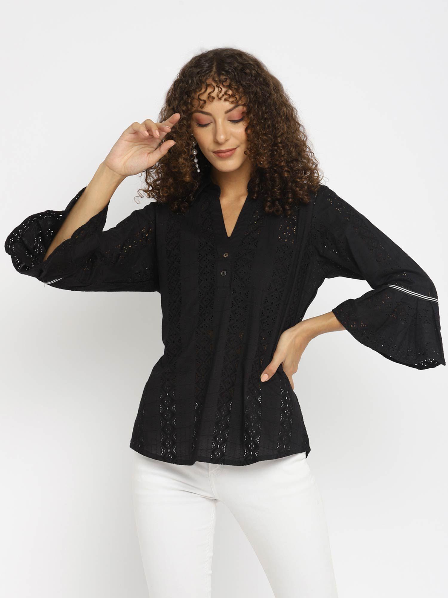 black embroidered schiffli top