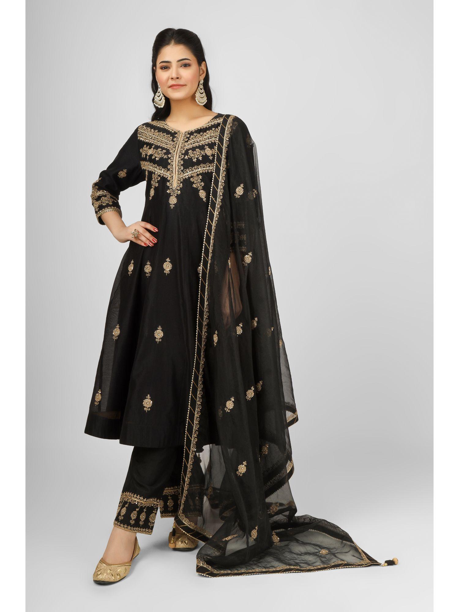 black embroidered silk chanderi anarkali kurta with pant & dupatta (set of 3)