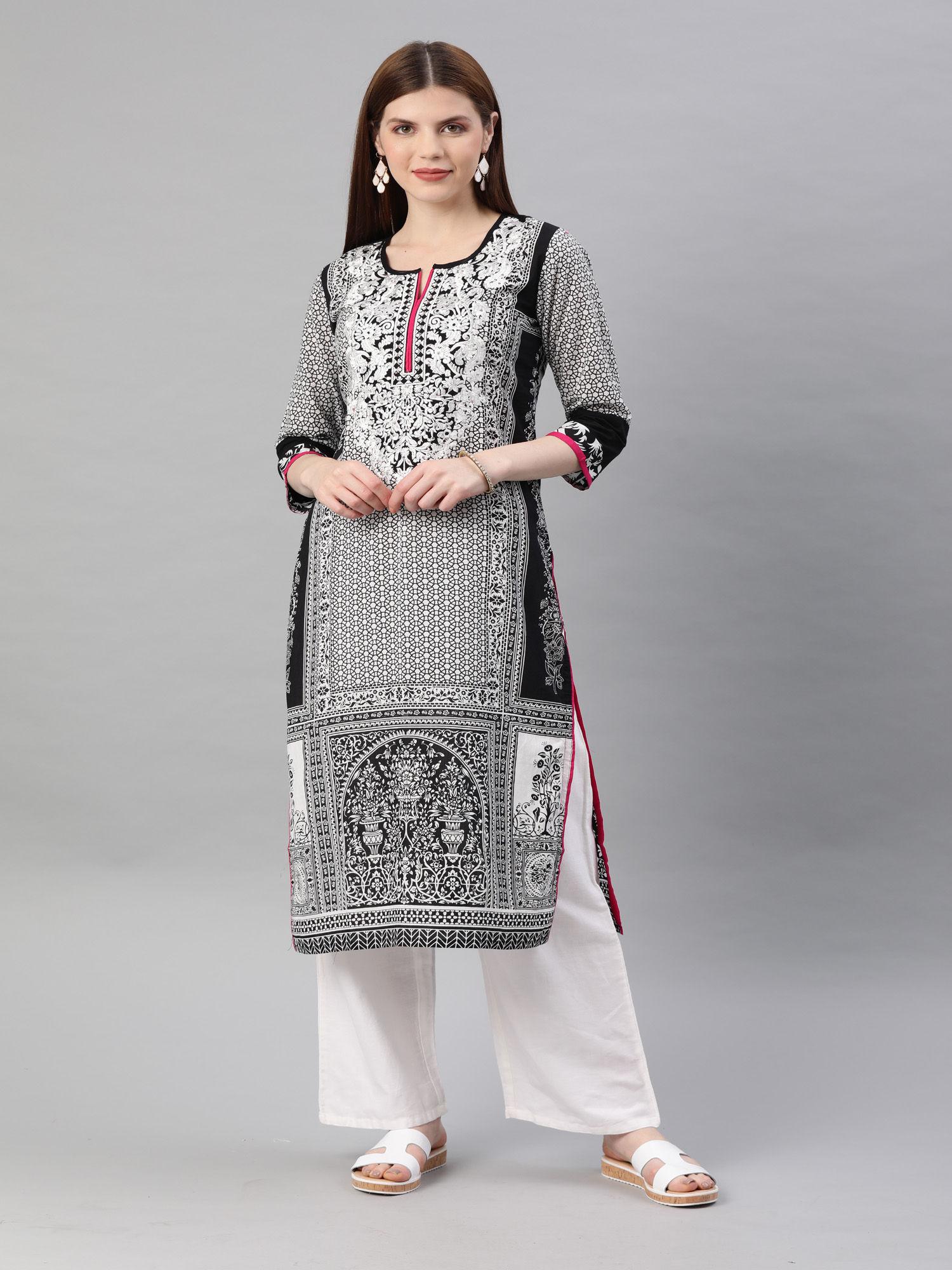 black embroidered straight cotton kurta