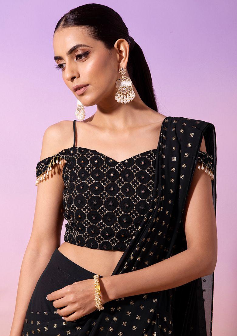 black embroidered strappy off shoulder crop top