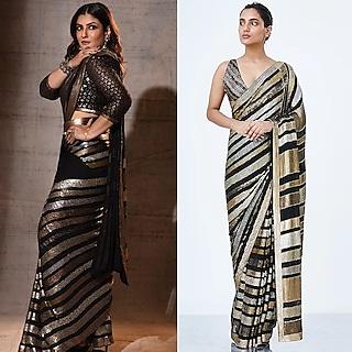 black embroidered striped saree set