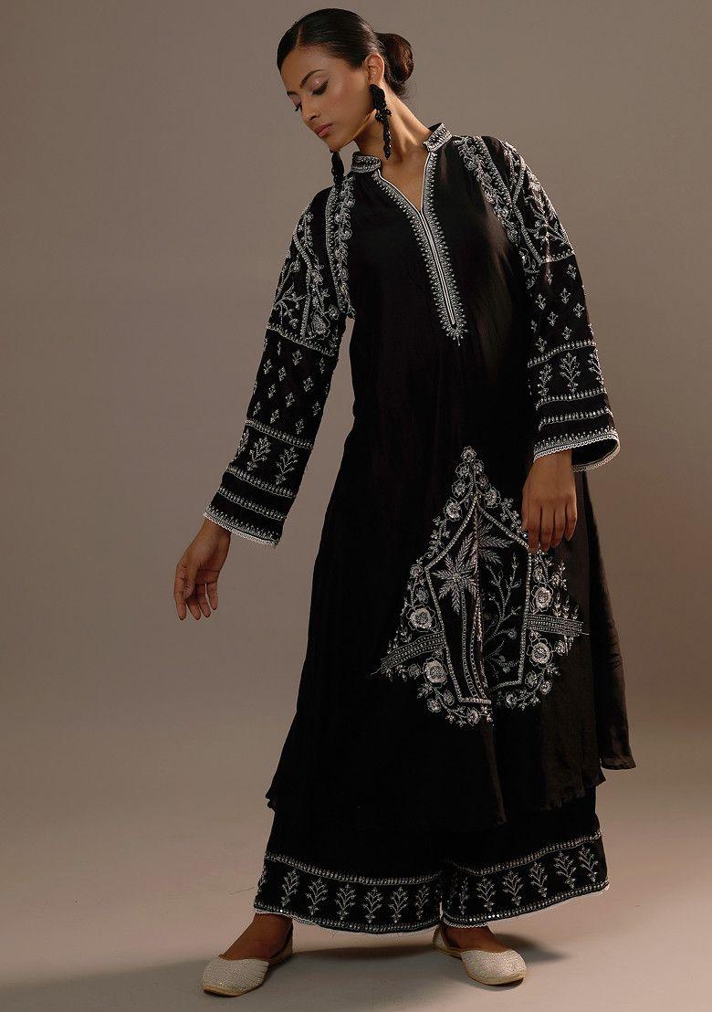 black embroidered surmai long kurta set