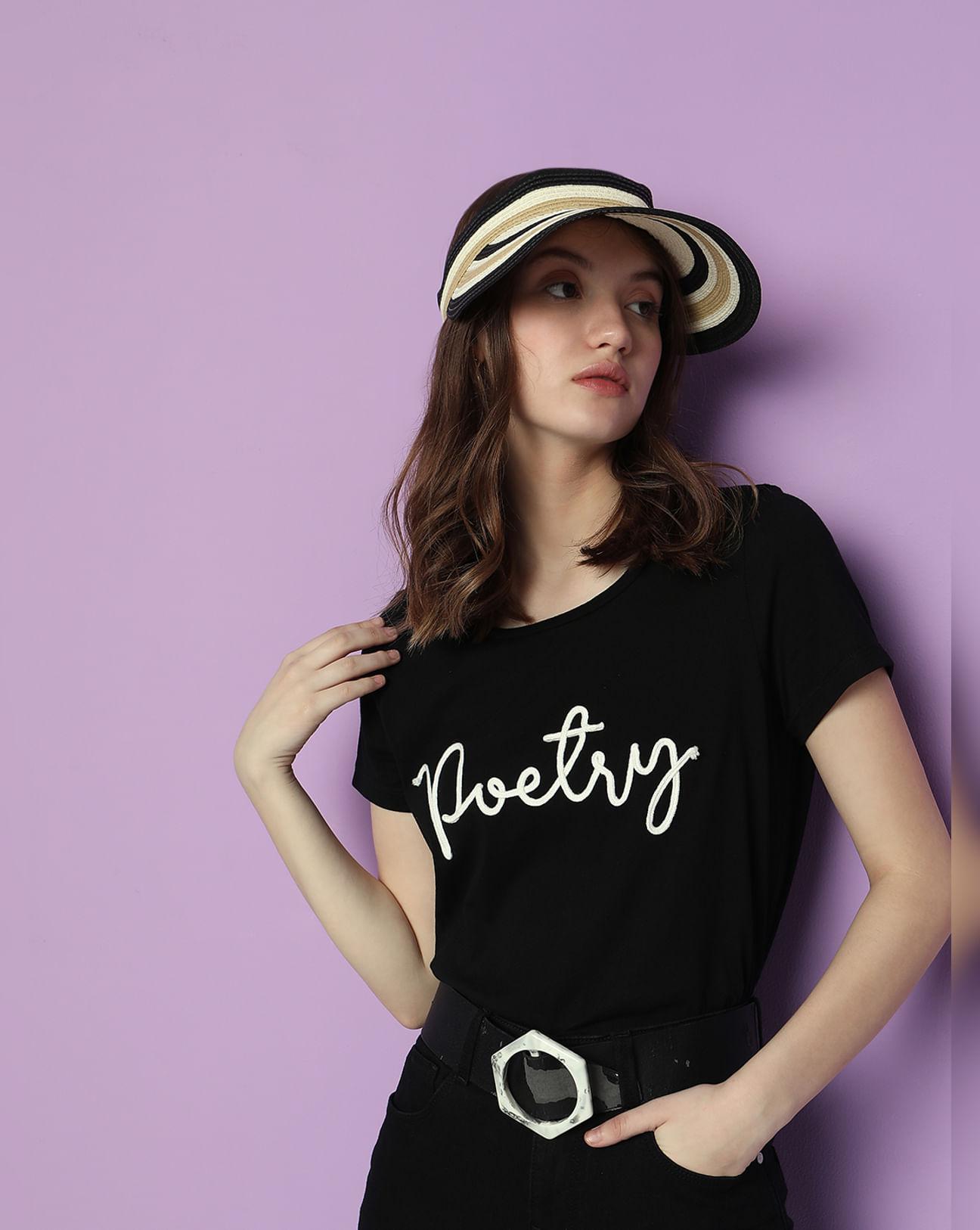 black embroidered text t-shirt