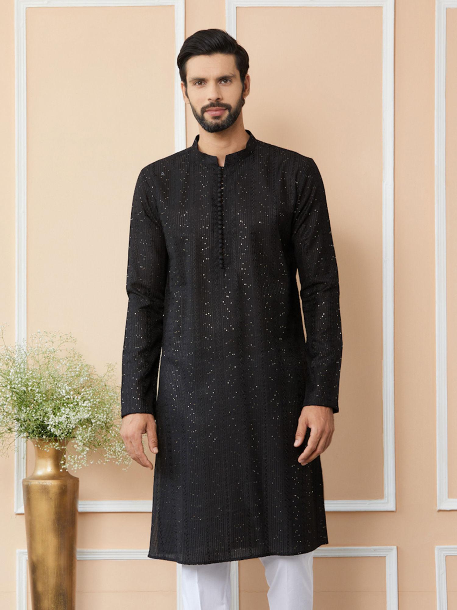 black embroidered thread work sequinned chanderi silk kurta