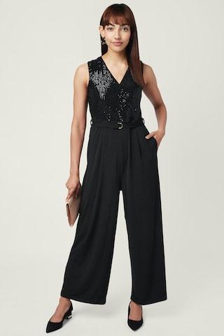 black embroidered v neck formal full length sleeveless women slim fit jumpsuit