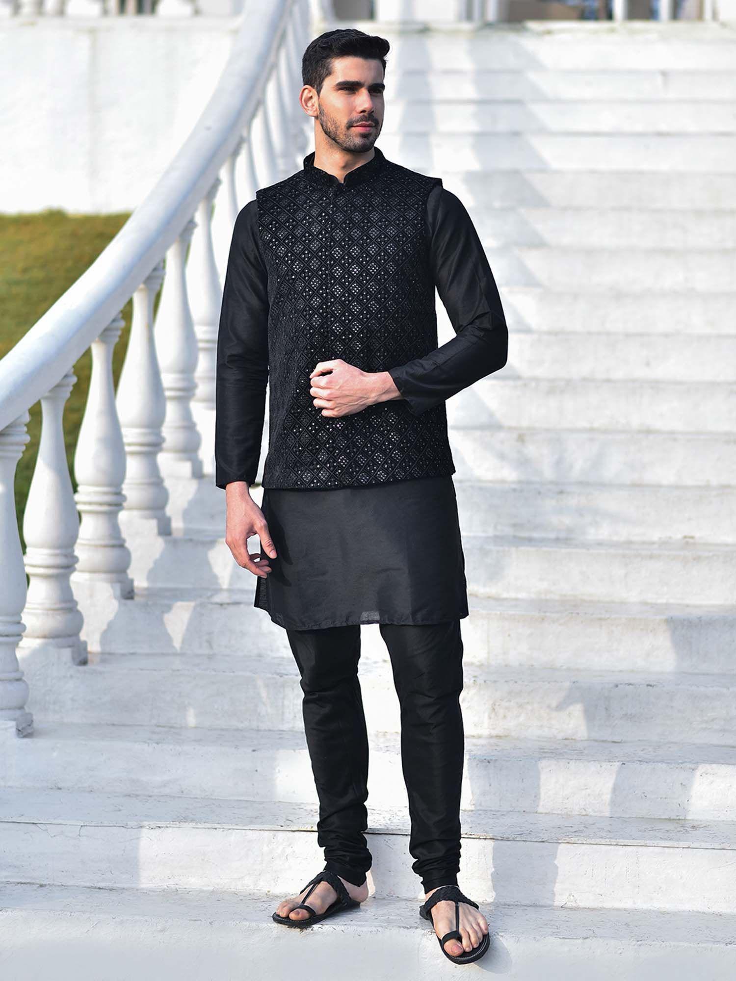 black embroidered velvet fabric nehru jacket with kurta & churidar for men (set of 3)