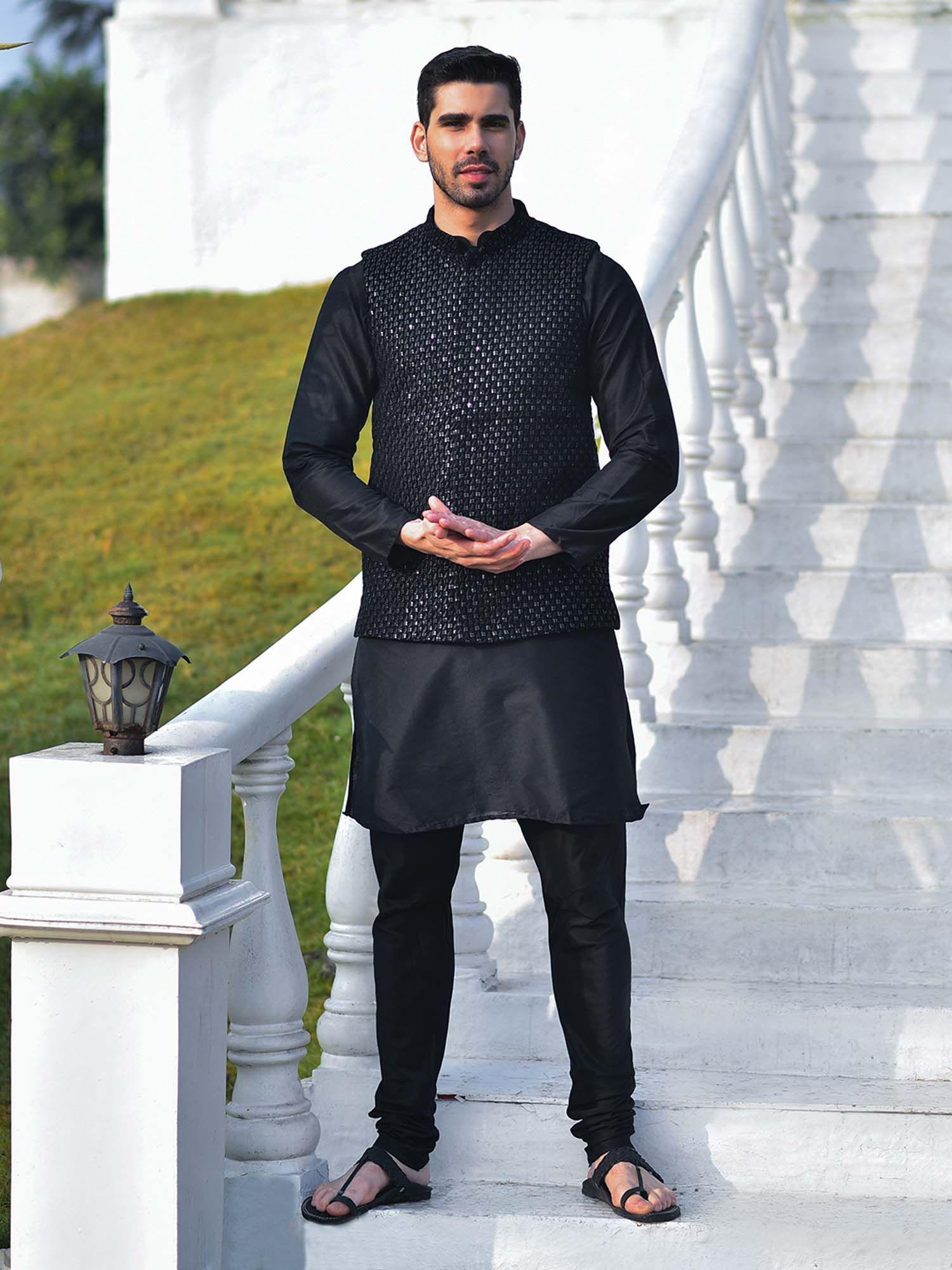 black embroidered velvet fabric nehru jacket with kurta & churidar for men (set of 3)