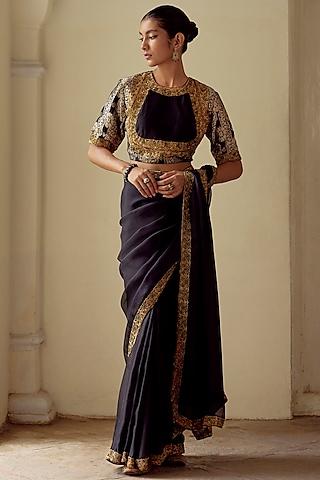 black embroidered woven saree set