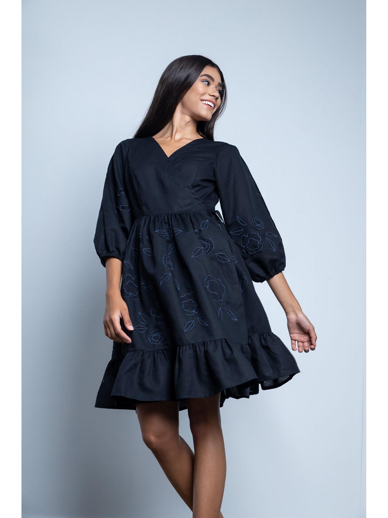 black embroidered wrap around dress