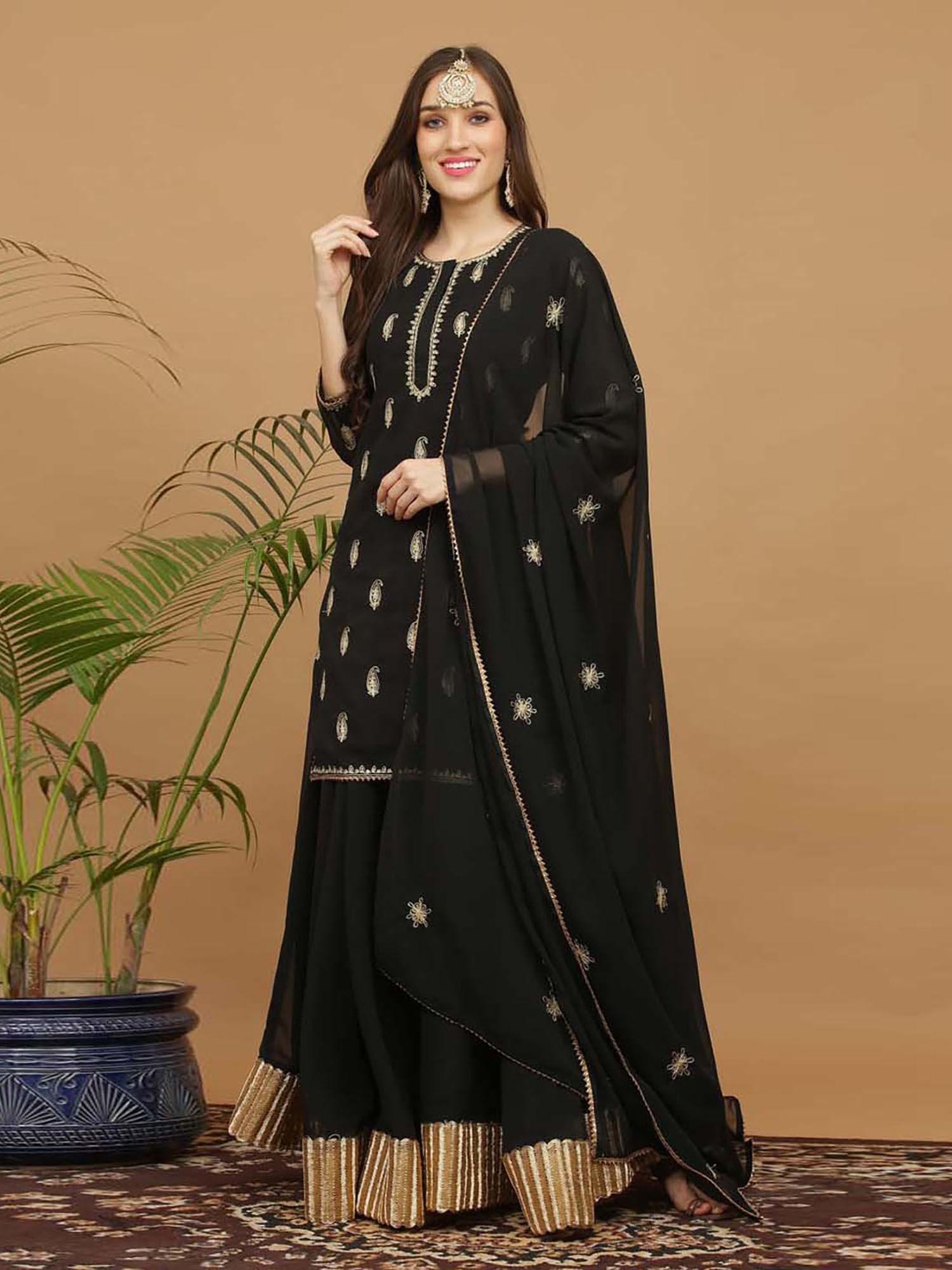 black embroidery georgette kurta with skirt & dupatta (set of 3)