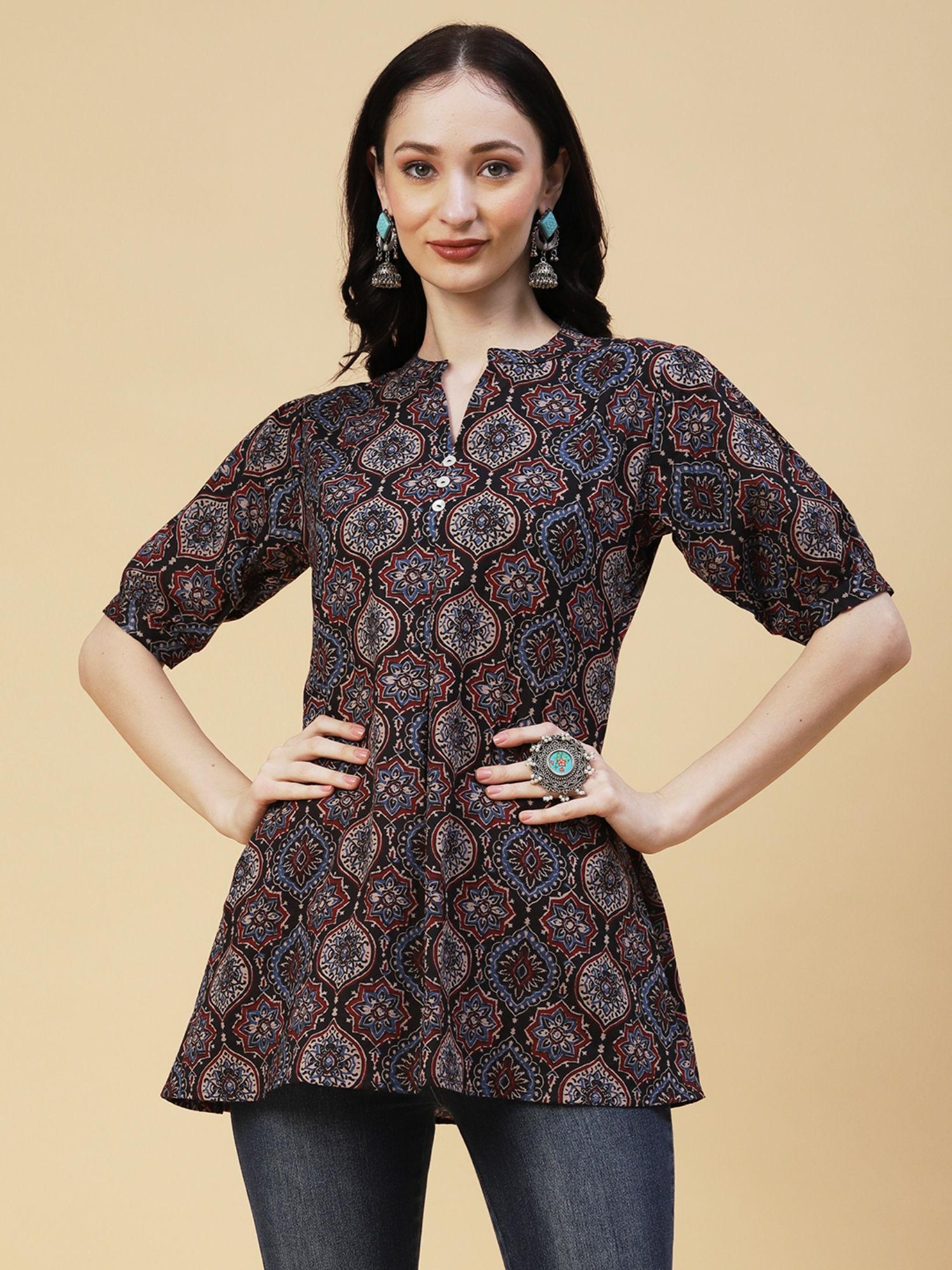 black ethnic ajarakh block printed mother-of-pearl kurti