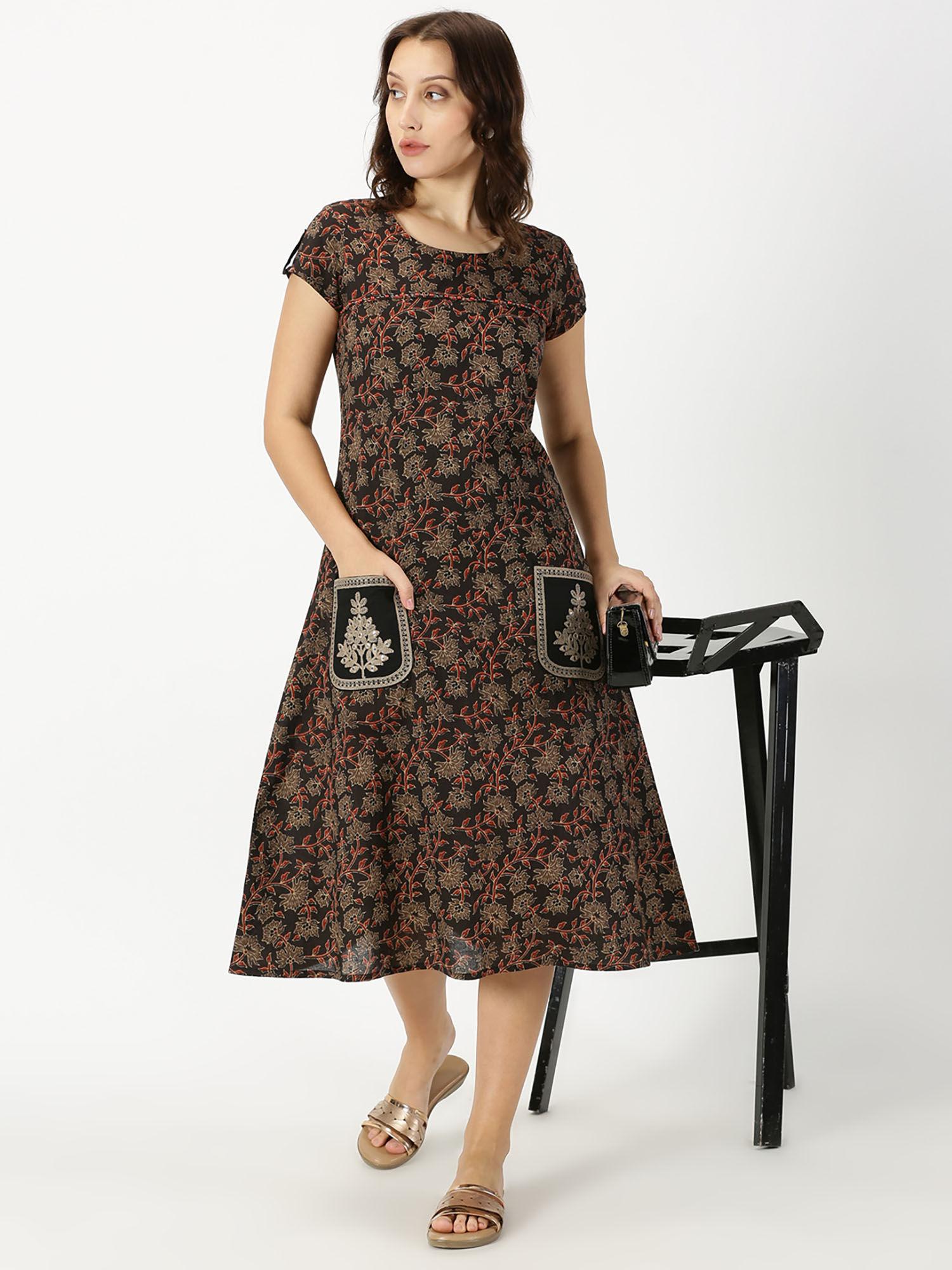 black ethnic floral print dress with embroidered patch pockets