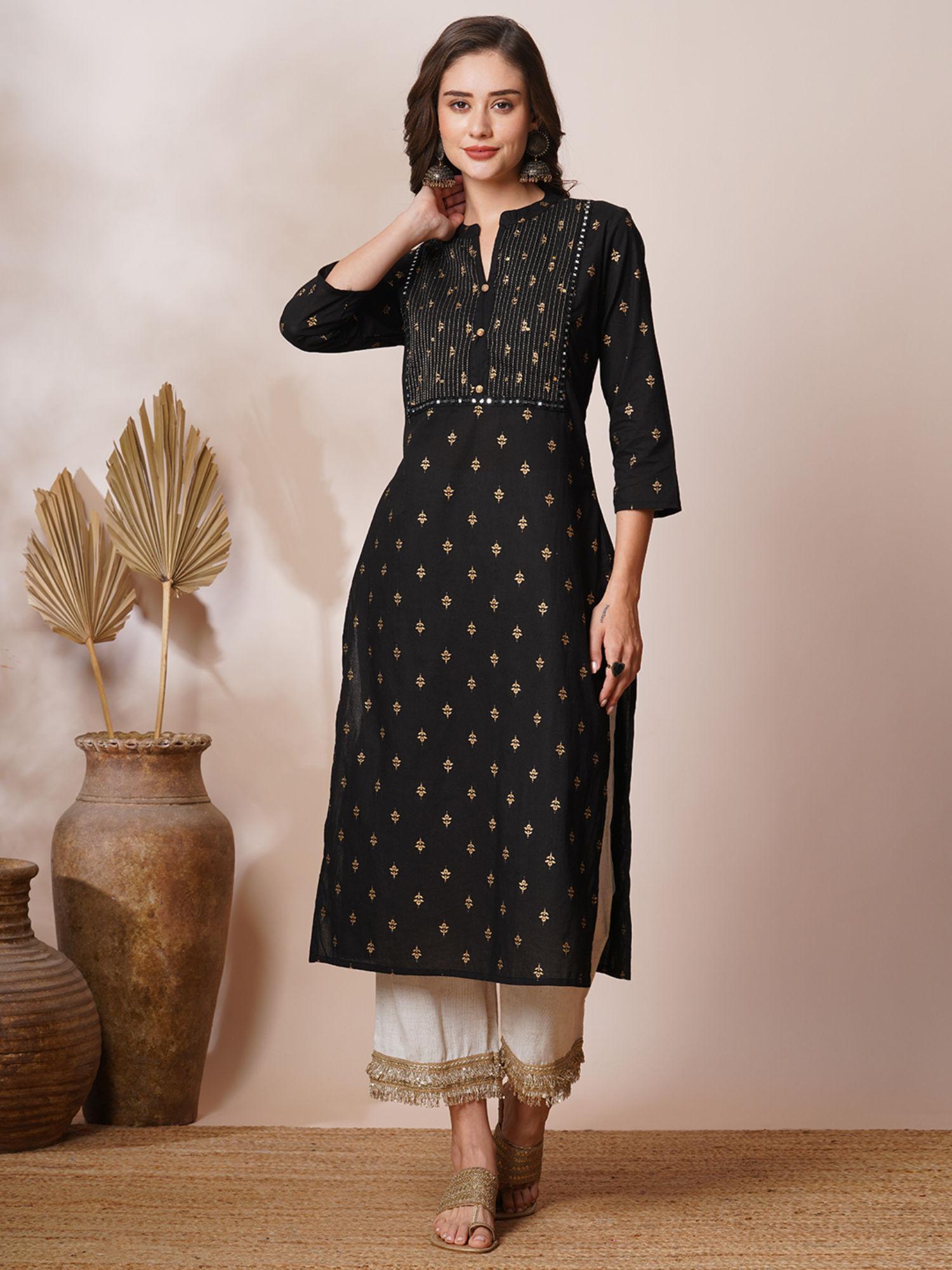 black ethnic foil printed and embroidered straight fit kurta