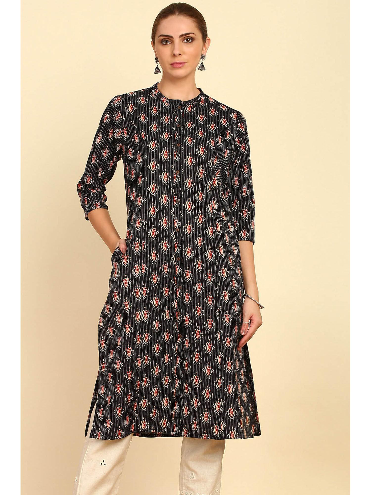 black ethnic motif printed cotton kurta with mandarin collar