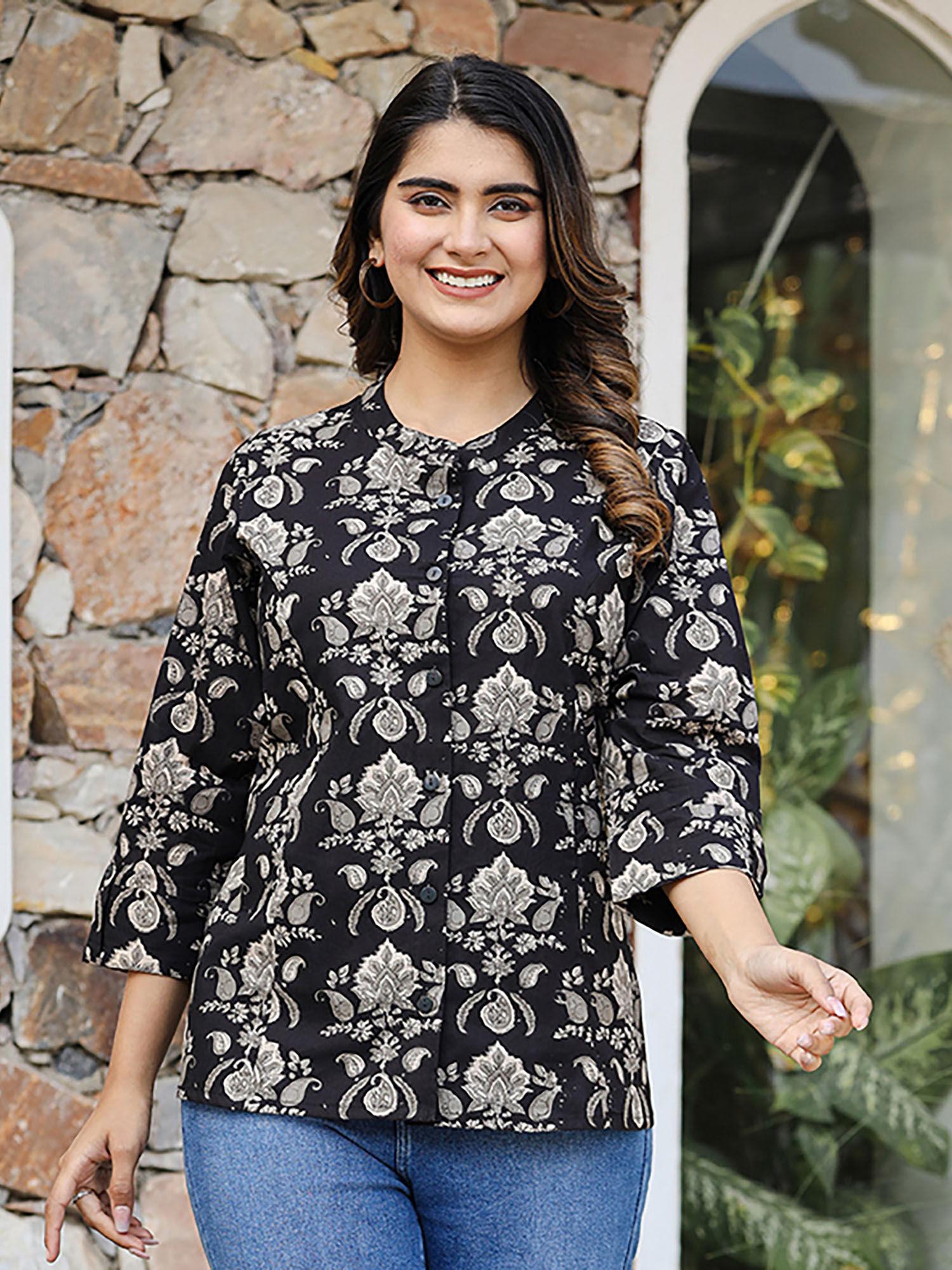 black ethnic motif printed cotton tunic