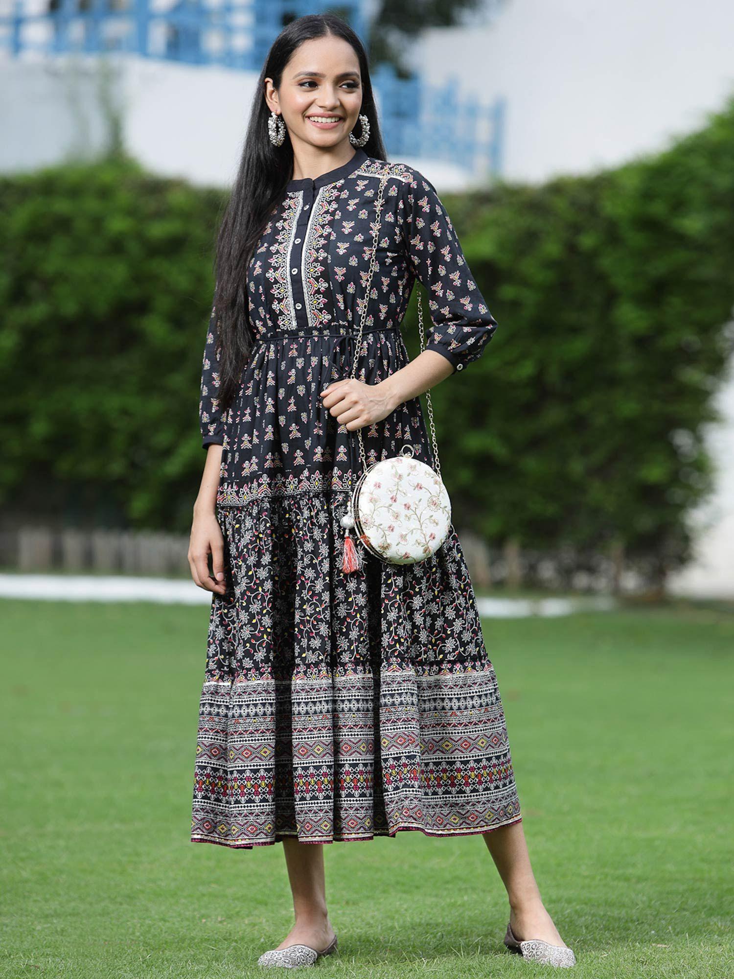 black ethnic motif printed pure cotton tiered maxi dress.