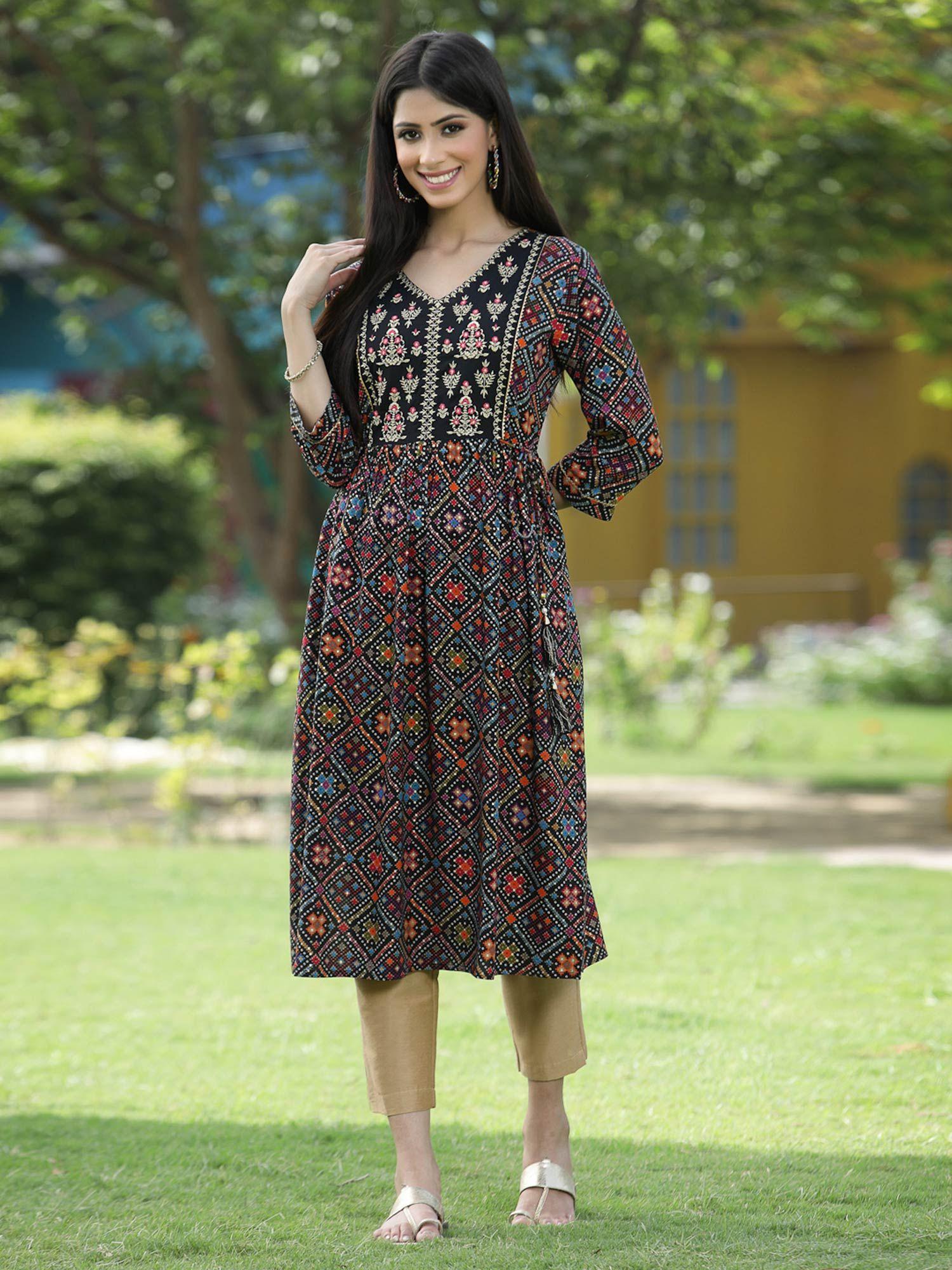 black ethnic motif printed rayon flared kurta.