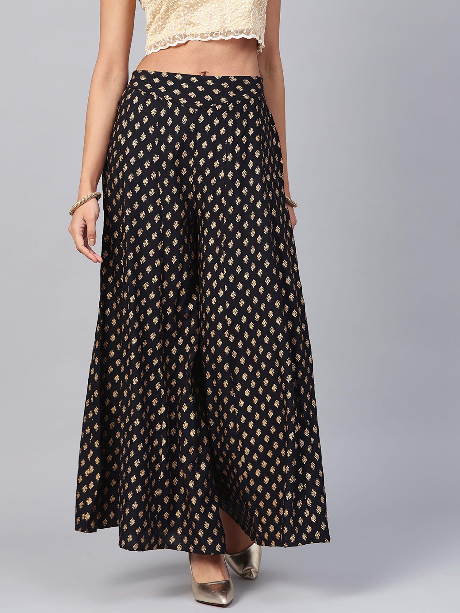 black ethnic motif printed rayon flared women palazzo with one pocket