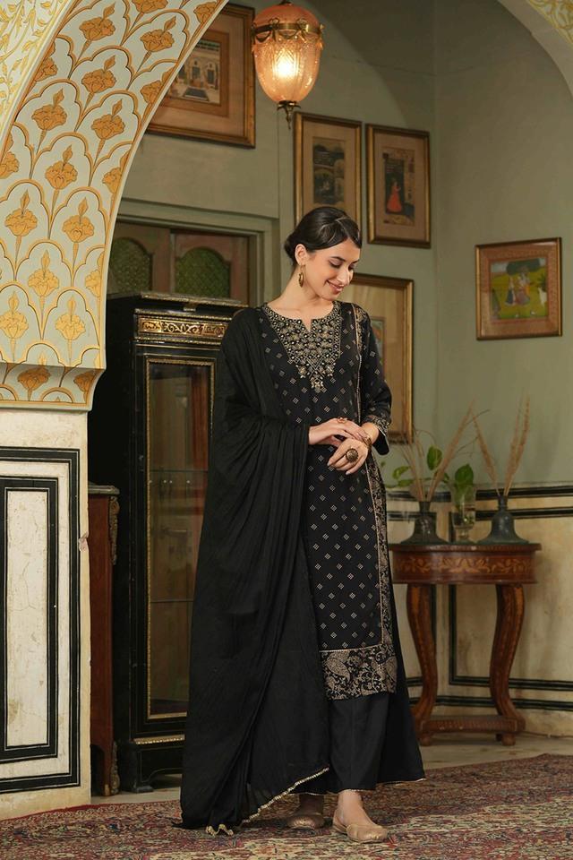 black ethnic motif printed rayon kurta palazzo _ dupatta set with zari work embroidery