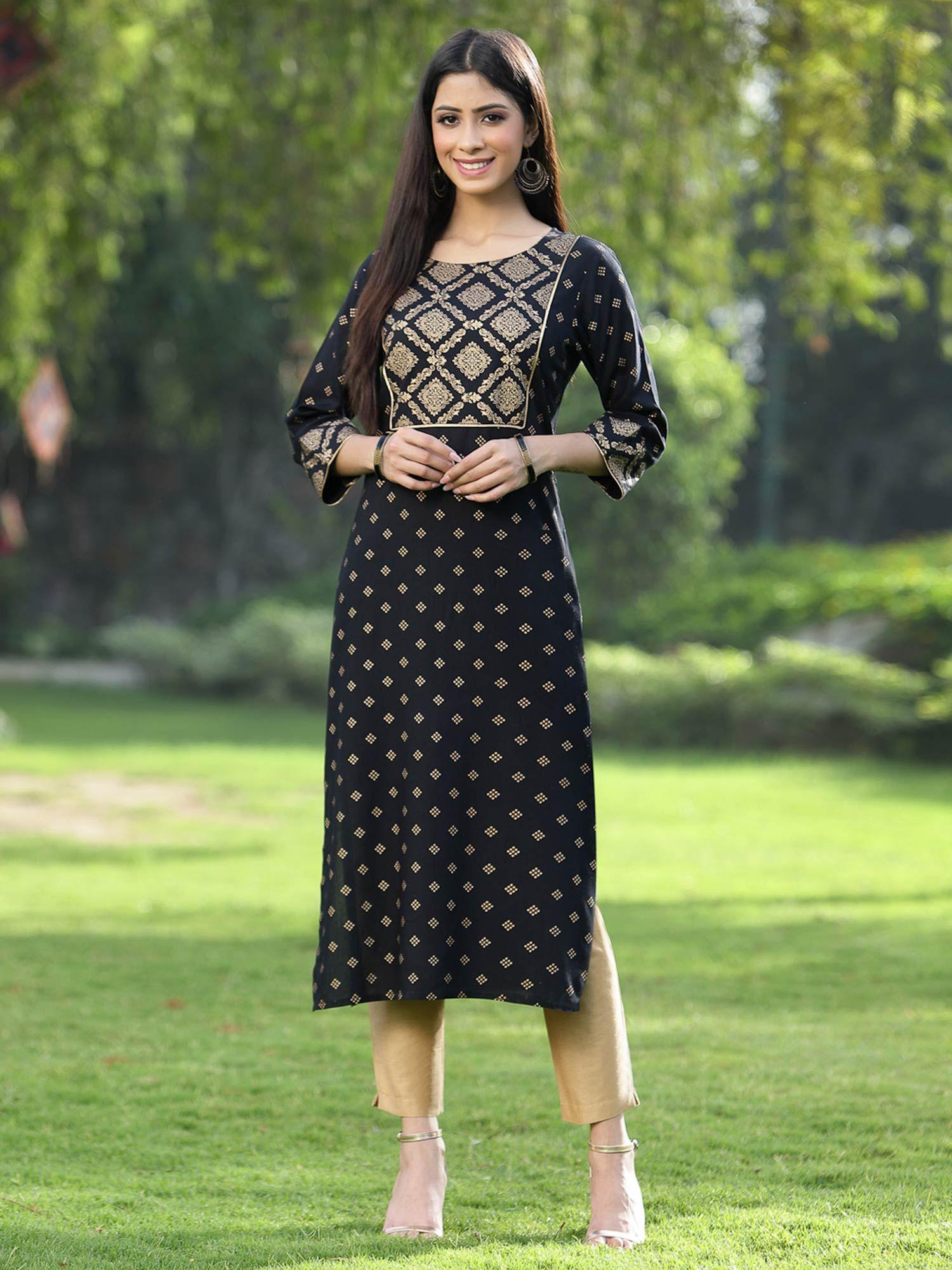 black ethnic motif printed rayon straight kurta.