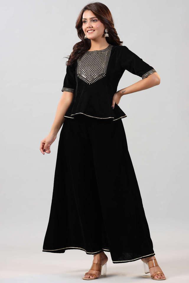 black ethnic motif printed velvet embroidered clothing set with sequins work