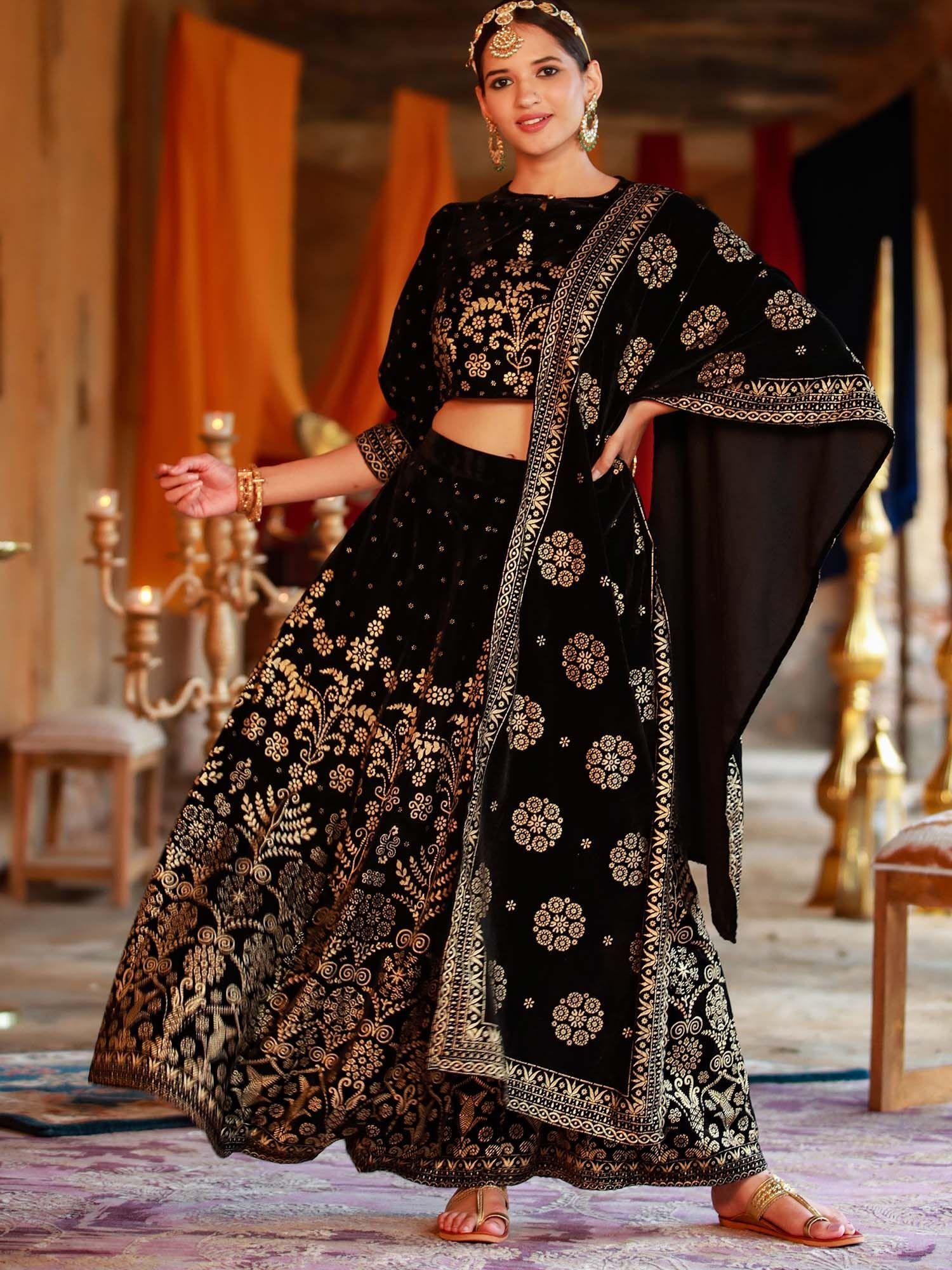 black ethnic motif printed velvet lehenga choli & dupatta set.