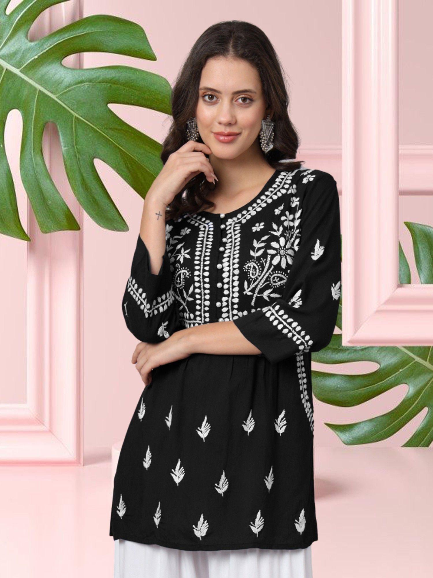 black ethnic motifs embroidered lucknowi chikankari kurti