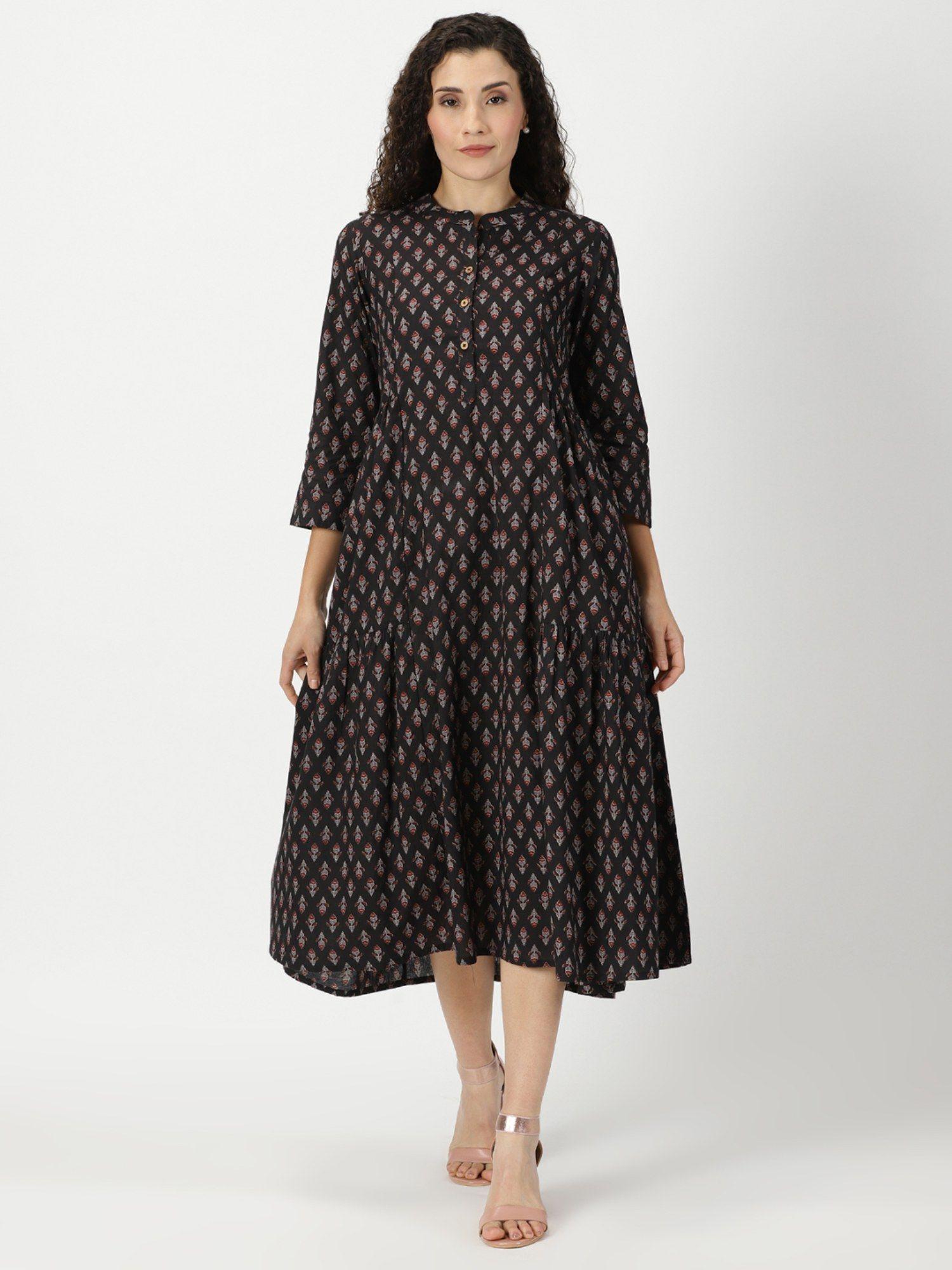 black ethnic motifs printed gathered midi dress