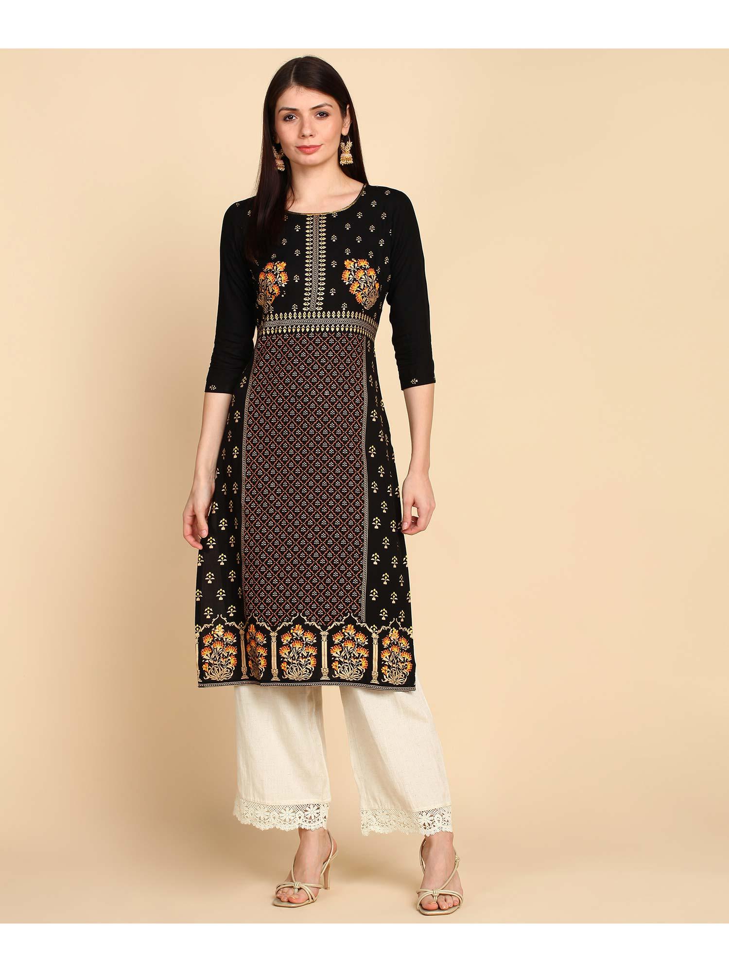 black ethnic motifs printed rayon kurta