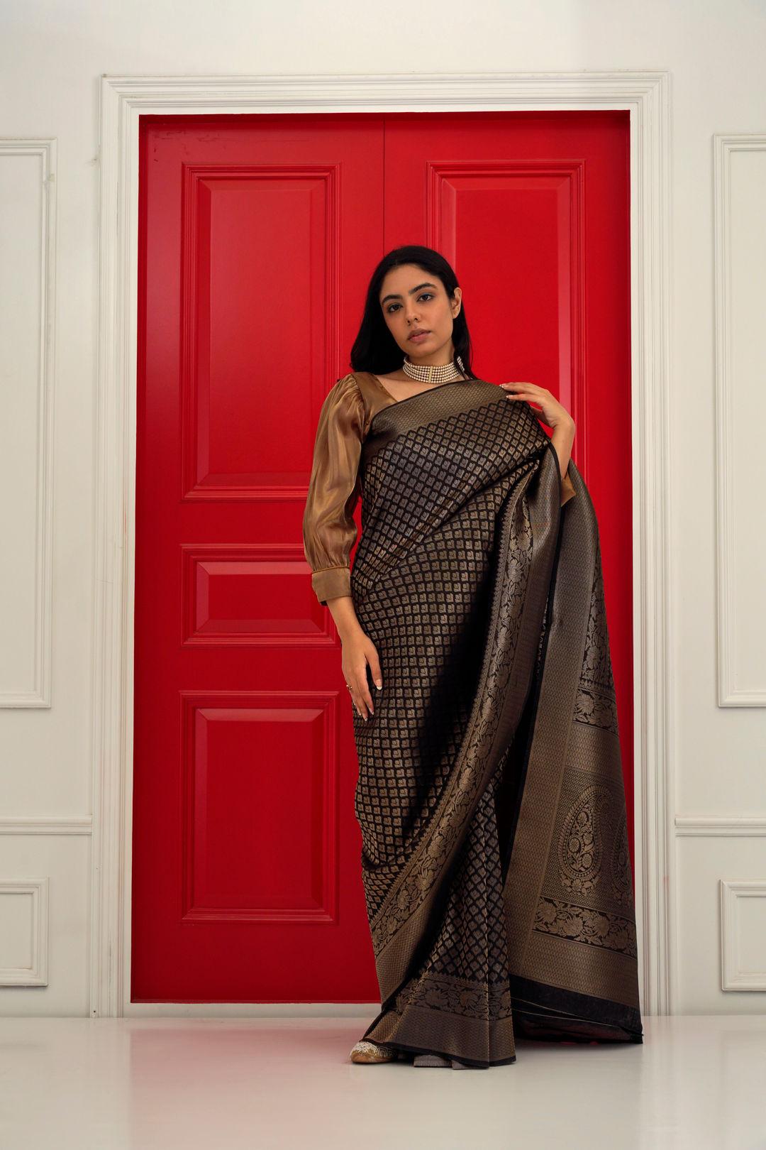 black ethnic motifs woven design zari art silk saree with unstitched blouse