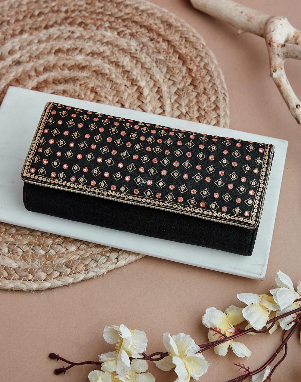 black fabric sequence embroidered clutch