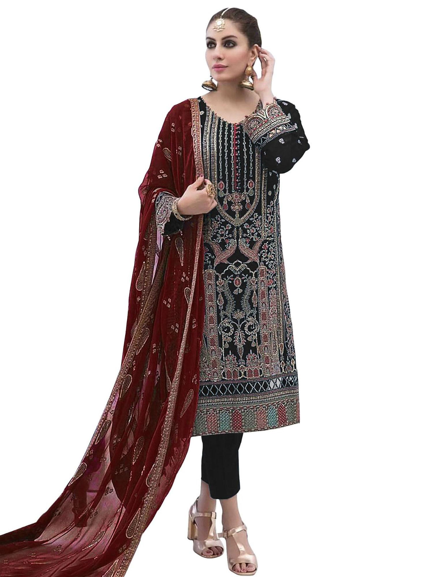 black faux georgette embroidered semi stitched kurta set for women (set of 3)