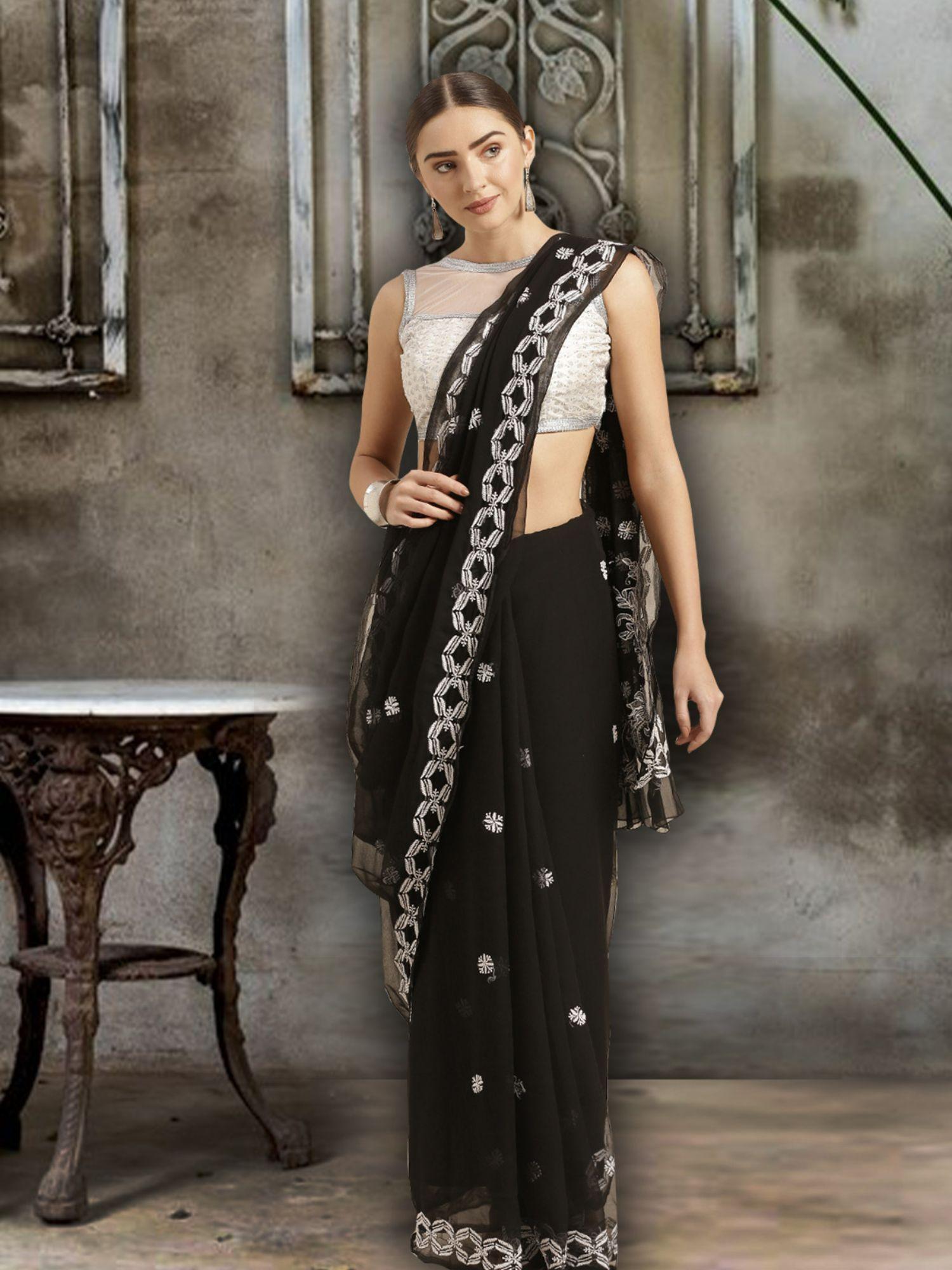 black faux georgette lucknow chikan saree with blouse piece (a129551)