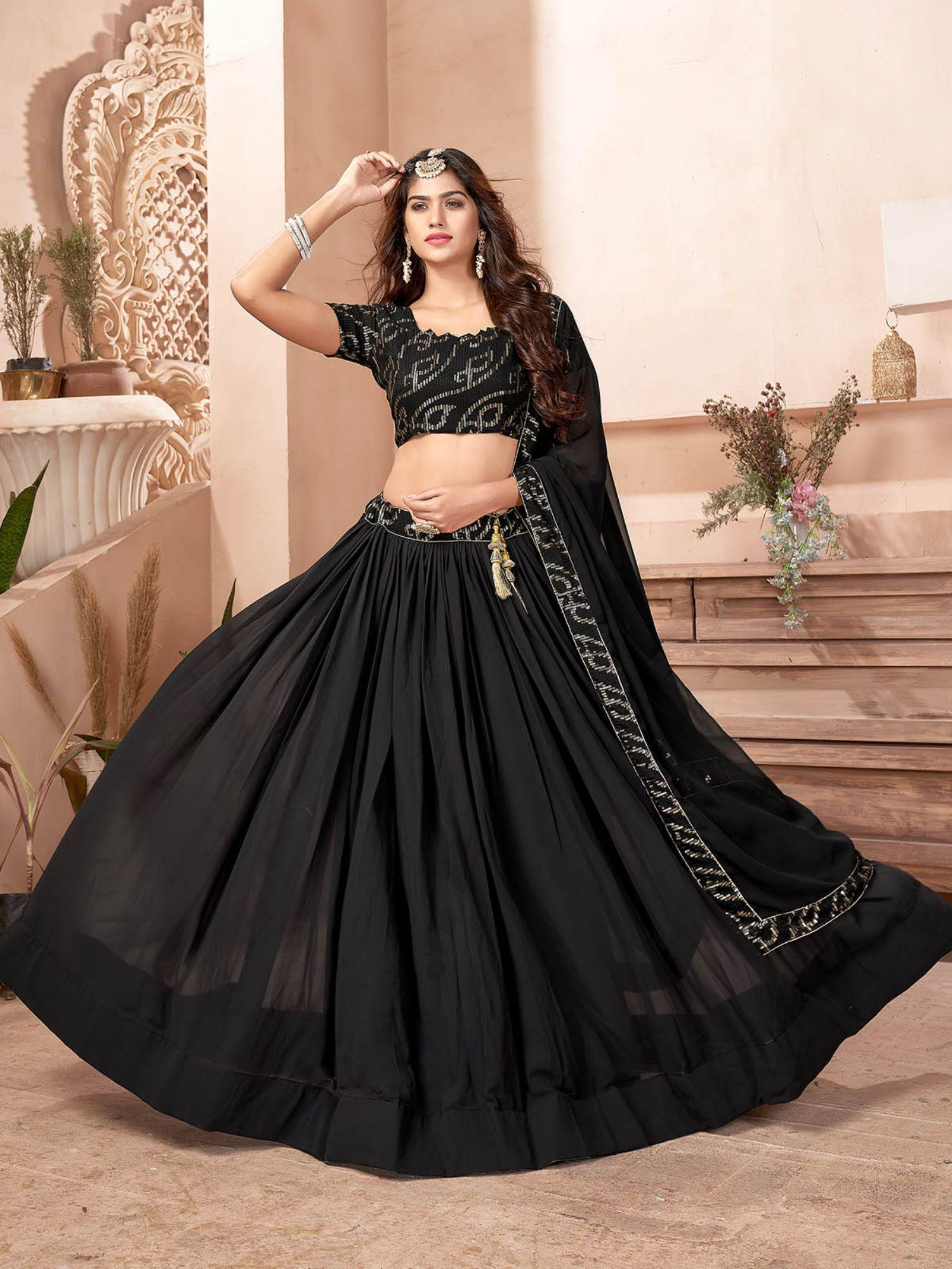 black faux georgette semi stitched lehenga with unstitched blouse (set of 3)