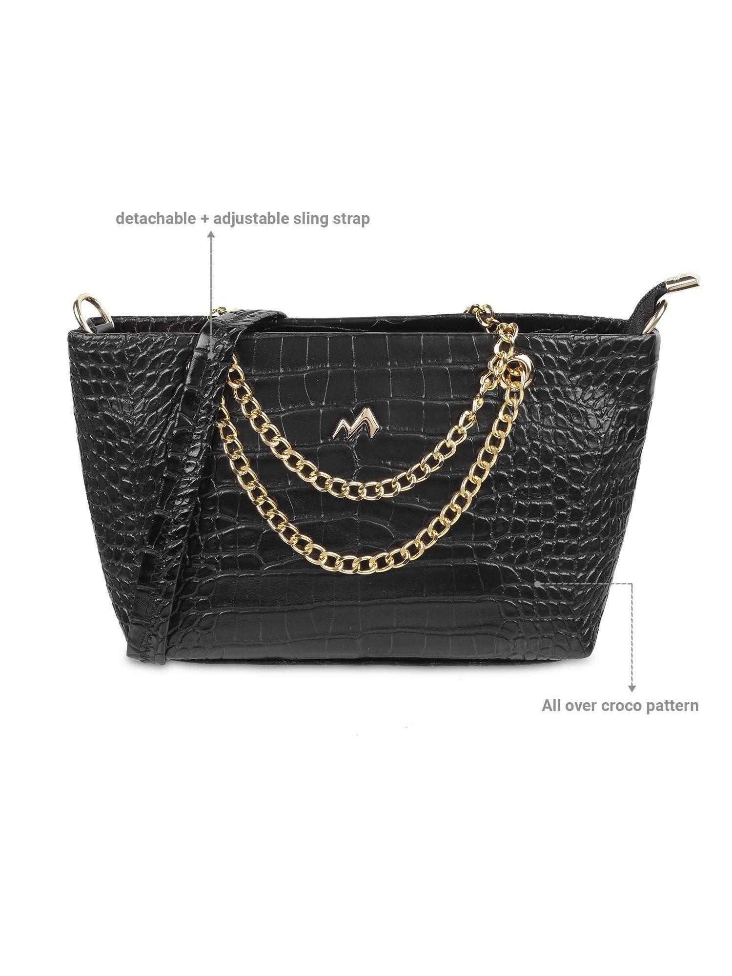 black faux leather zip top sling bag with detachable strap (m)