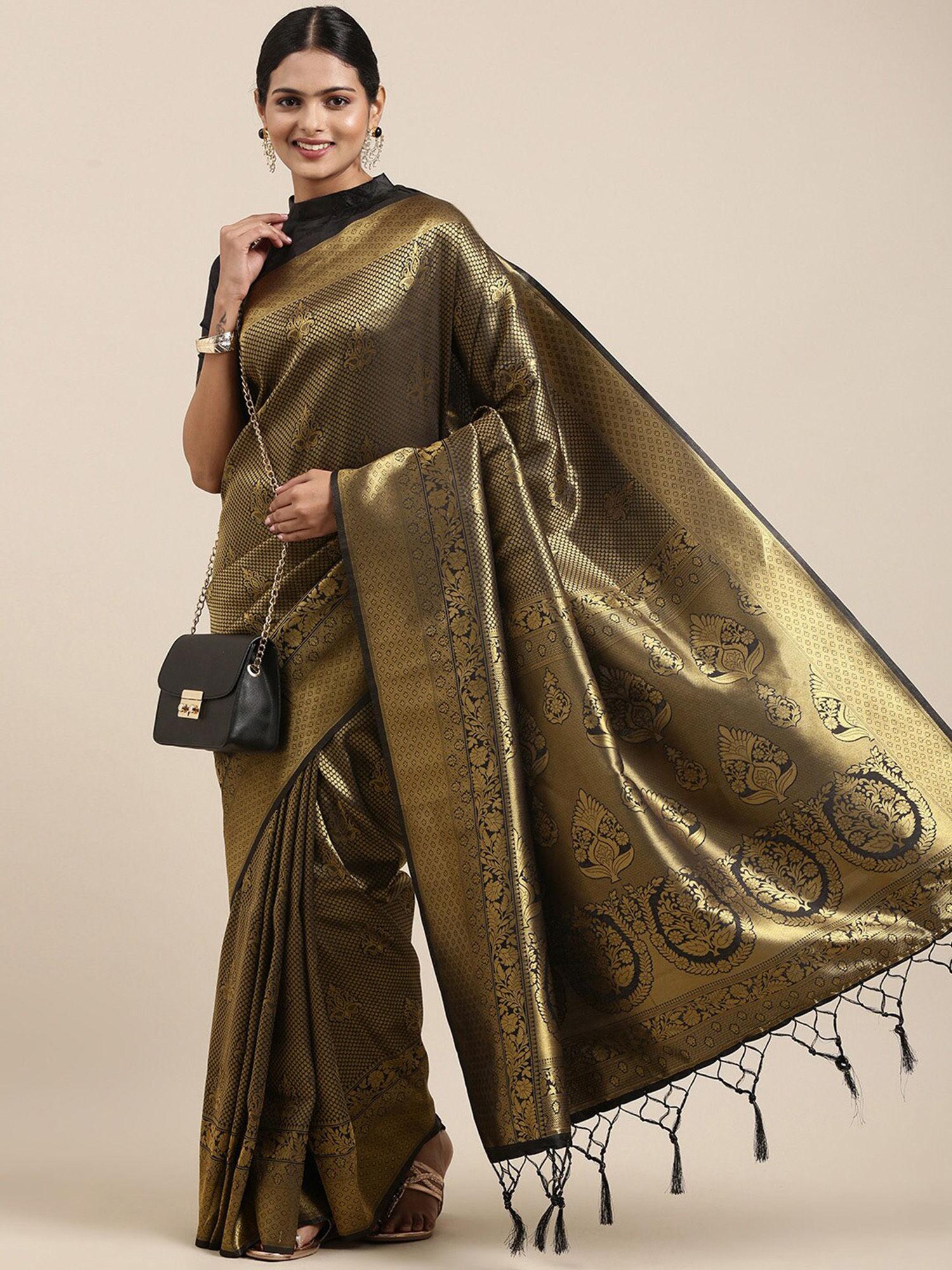 black festive silk blend woven design saree with unstitched blouse