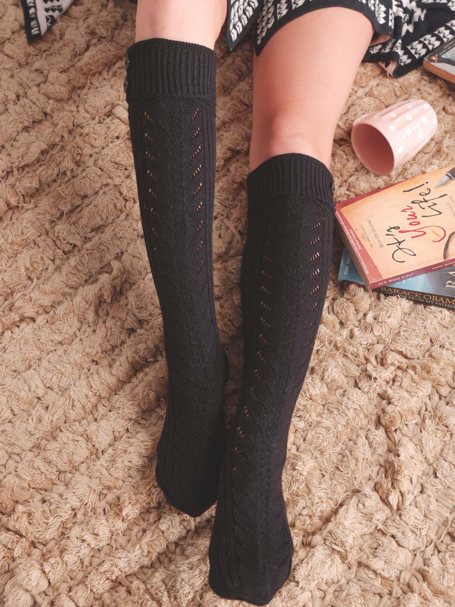 black fine knitted knee length long winter socks