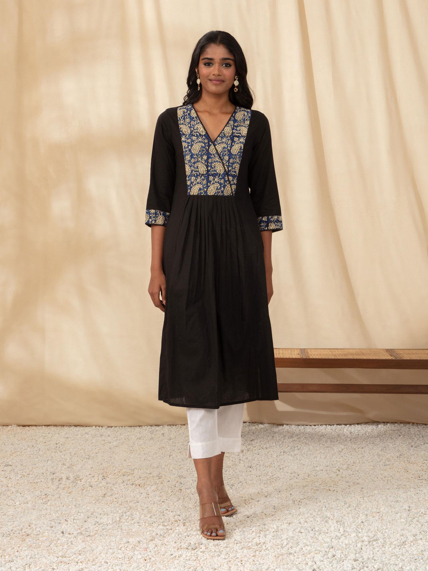 black fit & flare kurta with kalamkari wrap yoke likkur100