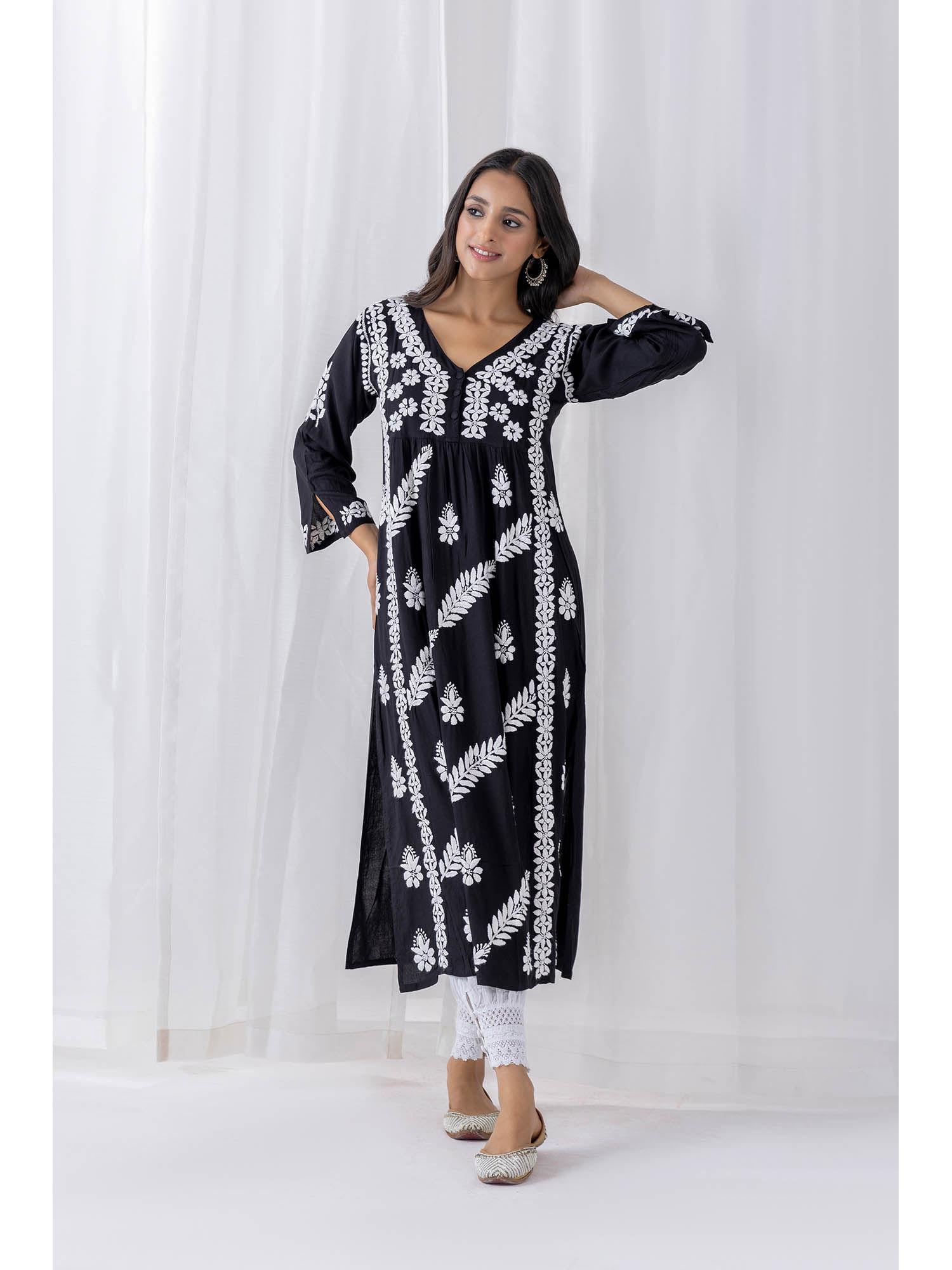 black fizaa chikankari kurta in rayon cotton